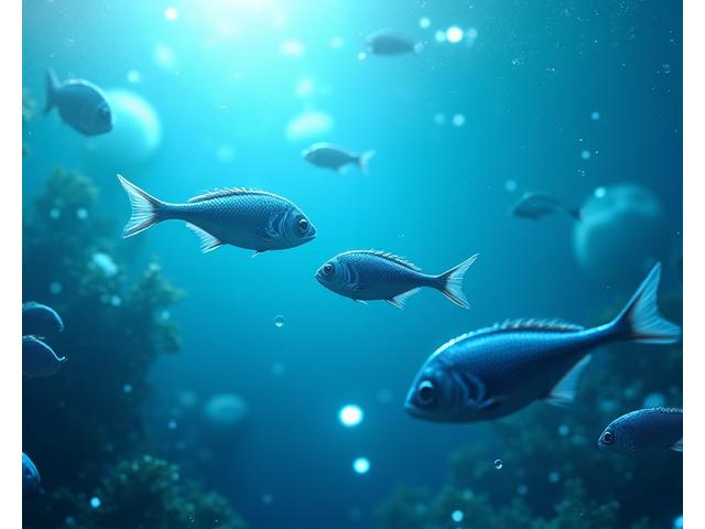 透明な水中を漂う複数のIoTセンサーと、それらがリアルタイムで水質データを送信している様子を示すネットワーク図