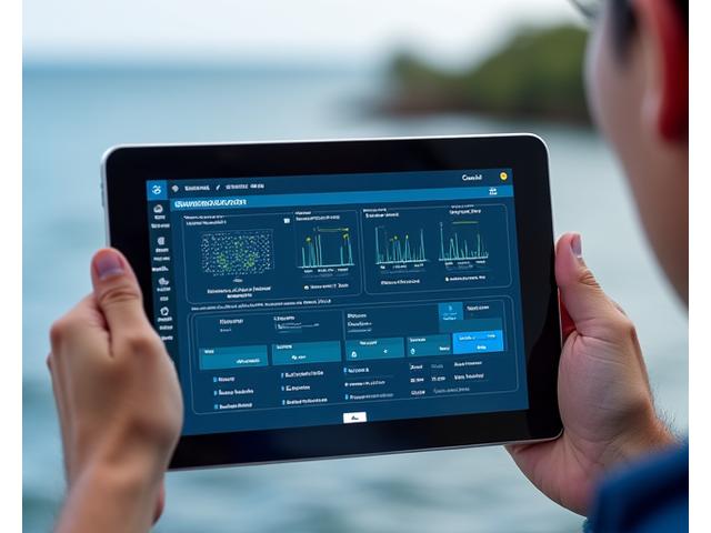 タブレット端末に表示された養殖場のリアルタイム監視画面。水温、酸素濃度、魚の活動などがグラフで示され、リモートで給餌器を操作するボタンがある