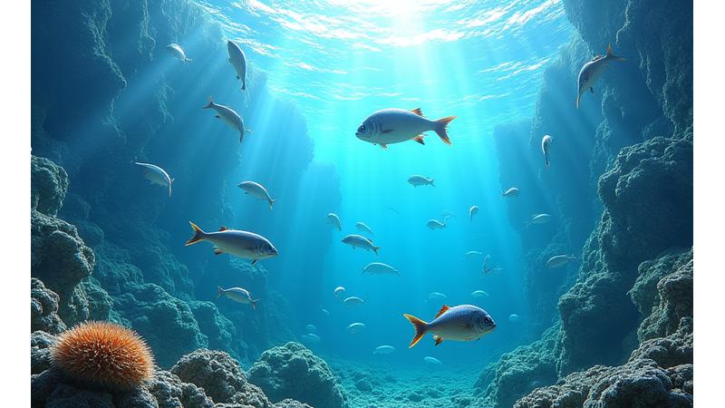 多様な魚と貝が泳ぐ養殖水槽