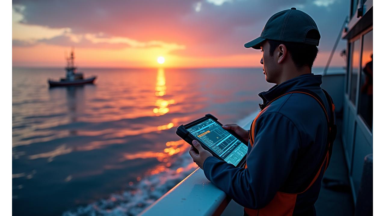 最新技術が搭載されたスマート漁具が海洋で稼働している様子。漁師がタブレットでデータを監視。