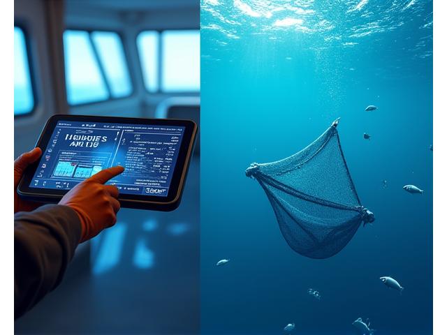 漁船の操縦室でスマート漁具のデータを表示するタブレットと、水中を探索するIoTセンサー付き漁具