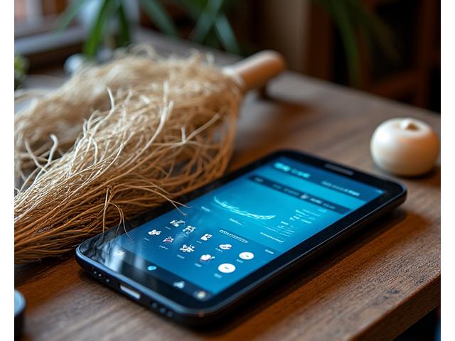 伝統的な漁具と最新のデジタルデバイスが隣り合う様子。技術と文化の融合を表現