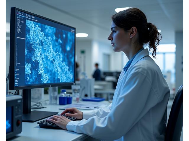 研究者が最新のDNAシーケンシング装置を操作し、海底から採取された微細な海洋生物サンプルを分析している様子。データがモニターに表示されている。