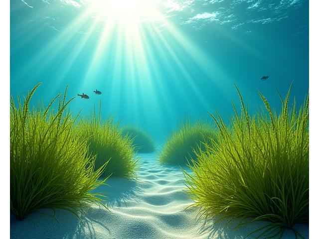 生い茂るアマモ（海草）の群生が海底で穏やかに揺れている様子。光が差し込み、水中が青く輝いている。