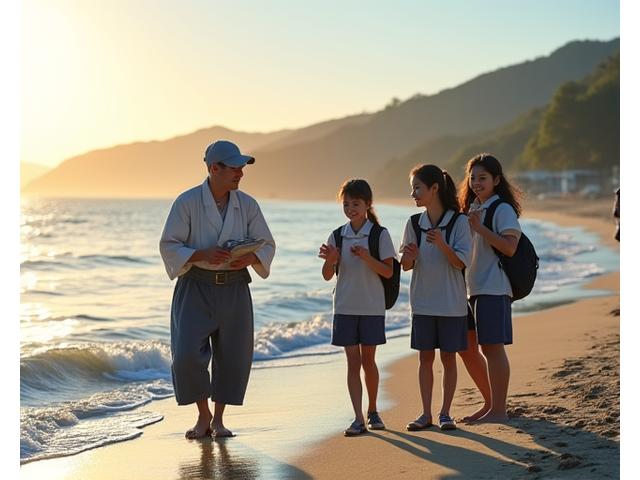 日本の美しい海岸で、漁師、研究者、地域の子どもたちが協力して海岸清掃活動を行っている様子。皆笑顔で、未来への希望を感じさせる。
Daisuke Yoshinariによる撮影