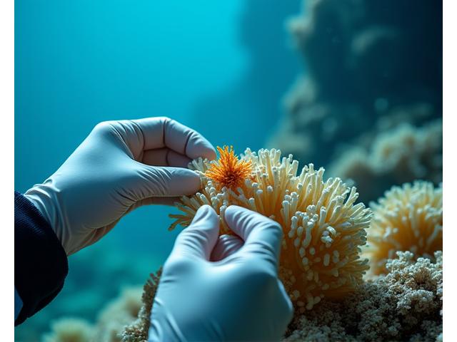 専門家が海中でサンゴの幼生を慎重に移植している様子