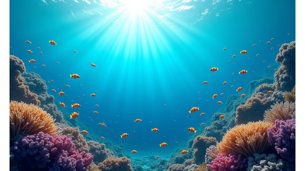 透明度の高い沖縄のサンゴ礁を悠然と泳ぐ熱帯魚の群れとサンゴ、中央に「豊かな海洋生態系を未来へ継承する」のメッセージが重なる