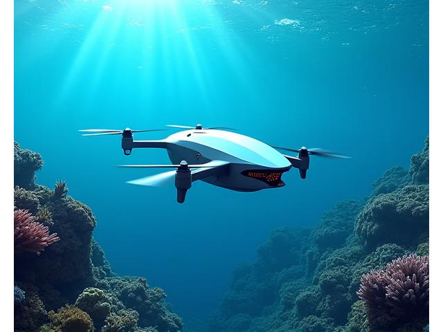 最新のAI搭載水中ドローンが透明な海中を静かに航行し、サンゴ礁や魚の群れを高解像度カメラで撮影している様子。データの視覚化されたインターフェースが背景に重ねて描かれている。