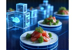 ブロックチェーンのアイコンと魚のサプライチェーン図
