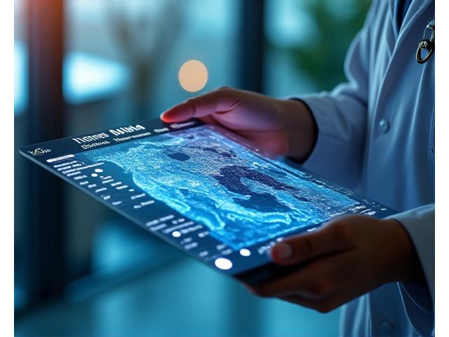 複数のグラフとデータが表示されたタブレットを操作する研究者の手元